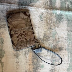 Brown Patterned Coach Phone Wristlet